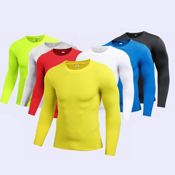 Variety of lightweight sports compression men's shirts in vibrant colors for breathable and quick-dry athletic performance.